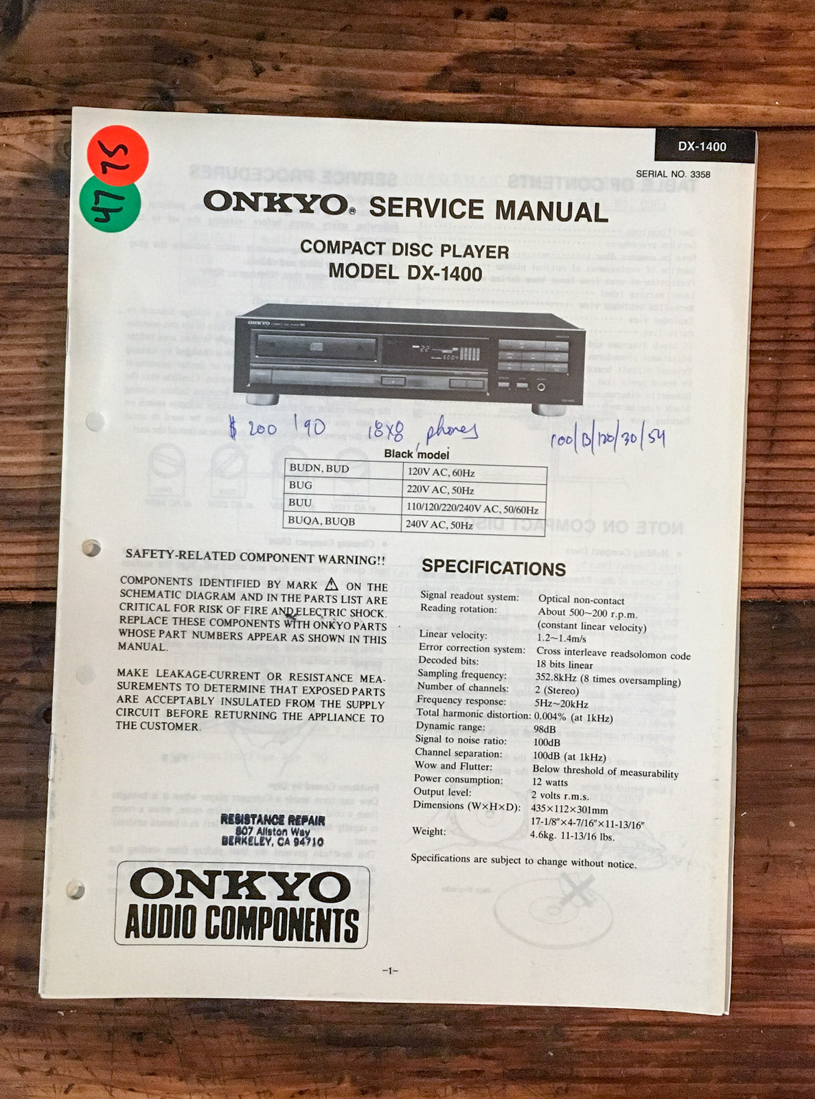 Onkyo DX-1400 CD Player  Service Manual *Original*