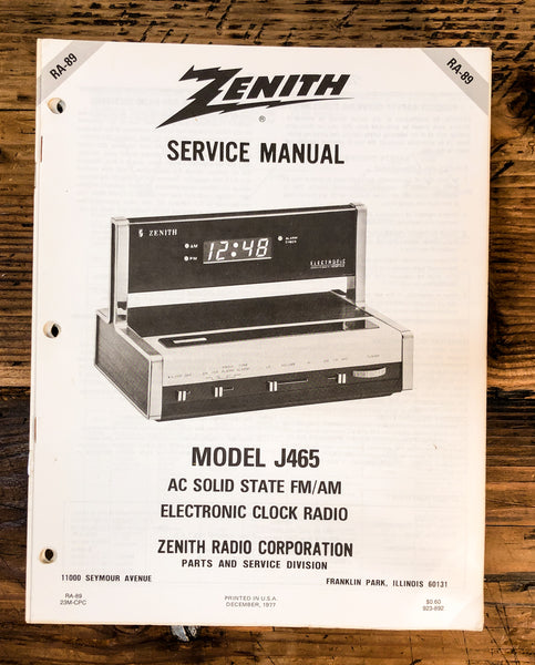 Zenith J465 Radio  Service Manual *Original*