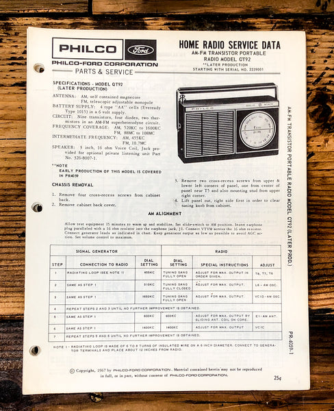 Philco Ford QT-92 QT92 Radio Service Manual *Original* #1