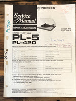 Pioneer PL-5 PL-420 Record Player / Turntable  Service Manual *Original*