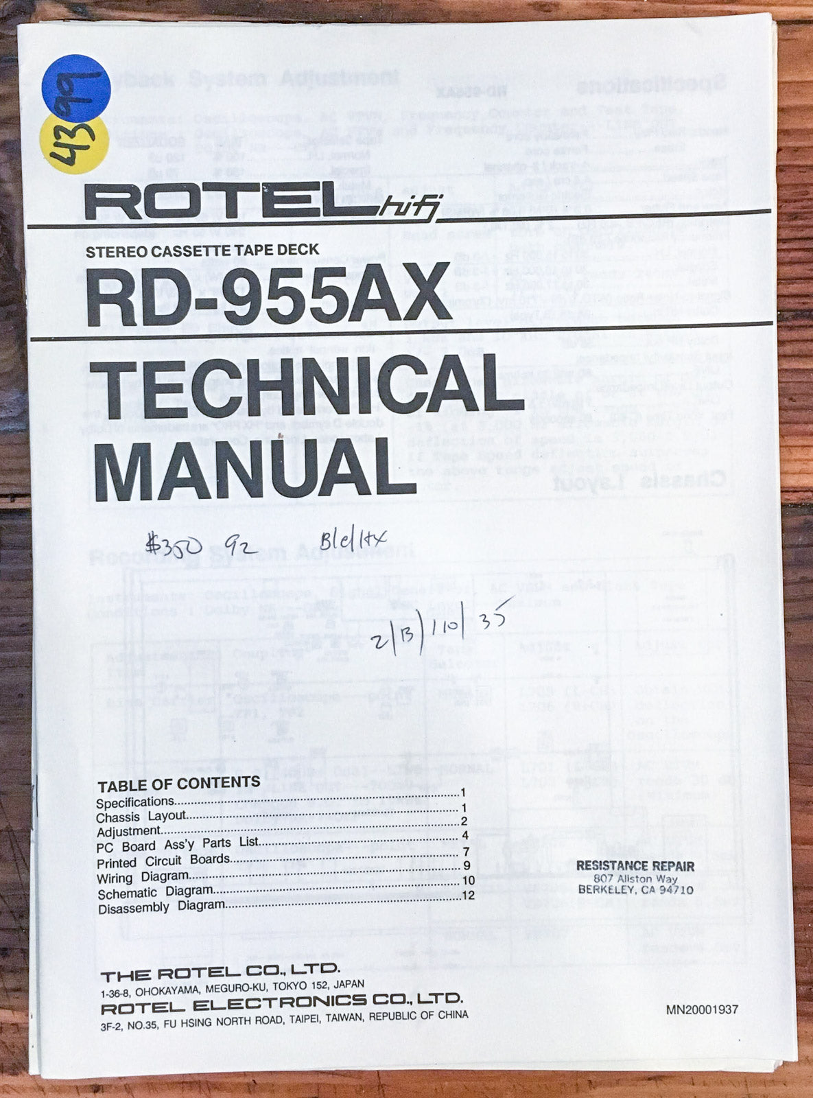 Rotel RD-955AX Cassette Deck  Service Manual *Original*