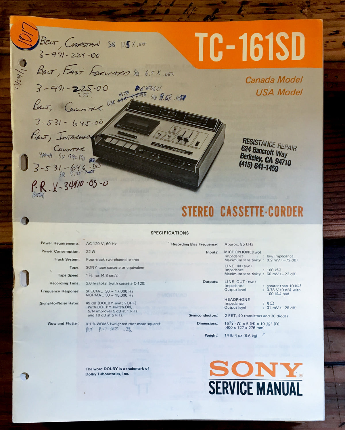 Sony TC-161SD Cassette Service Manual *Original*