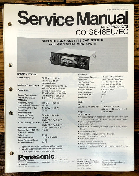 Panasonic CQ-S646EU EC Car Stereo  Service Manual *Original*