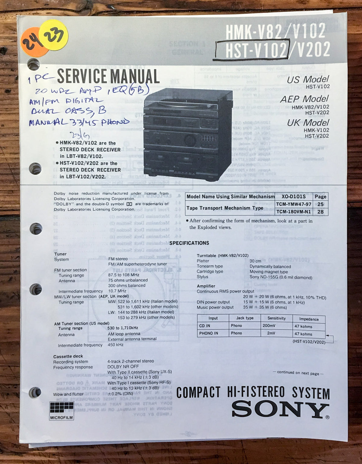 Sony HMK-V82 -V102 HST-V102 -V2-2 Stereo  Service Manual *Original*