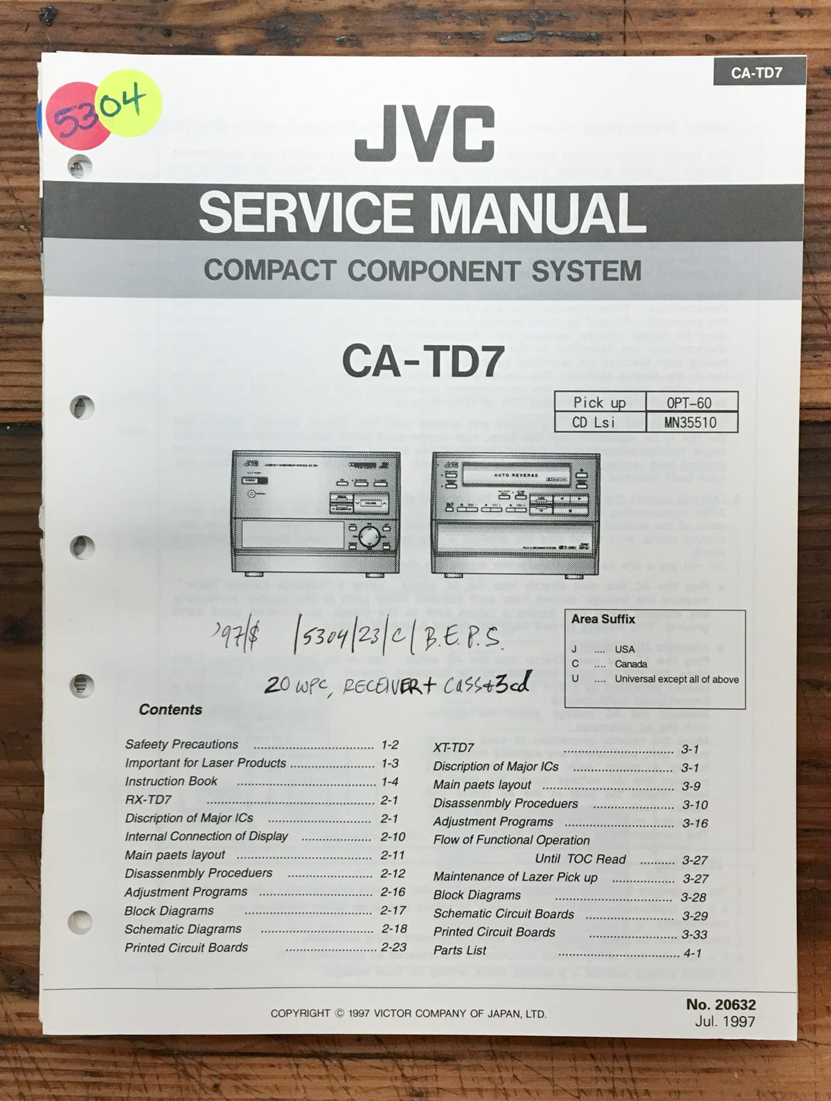 JVC CA-TD7 Stereo  Service Manual *Original*