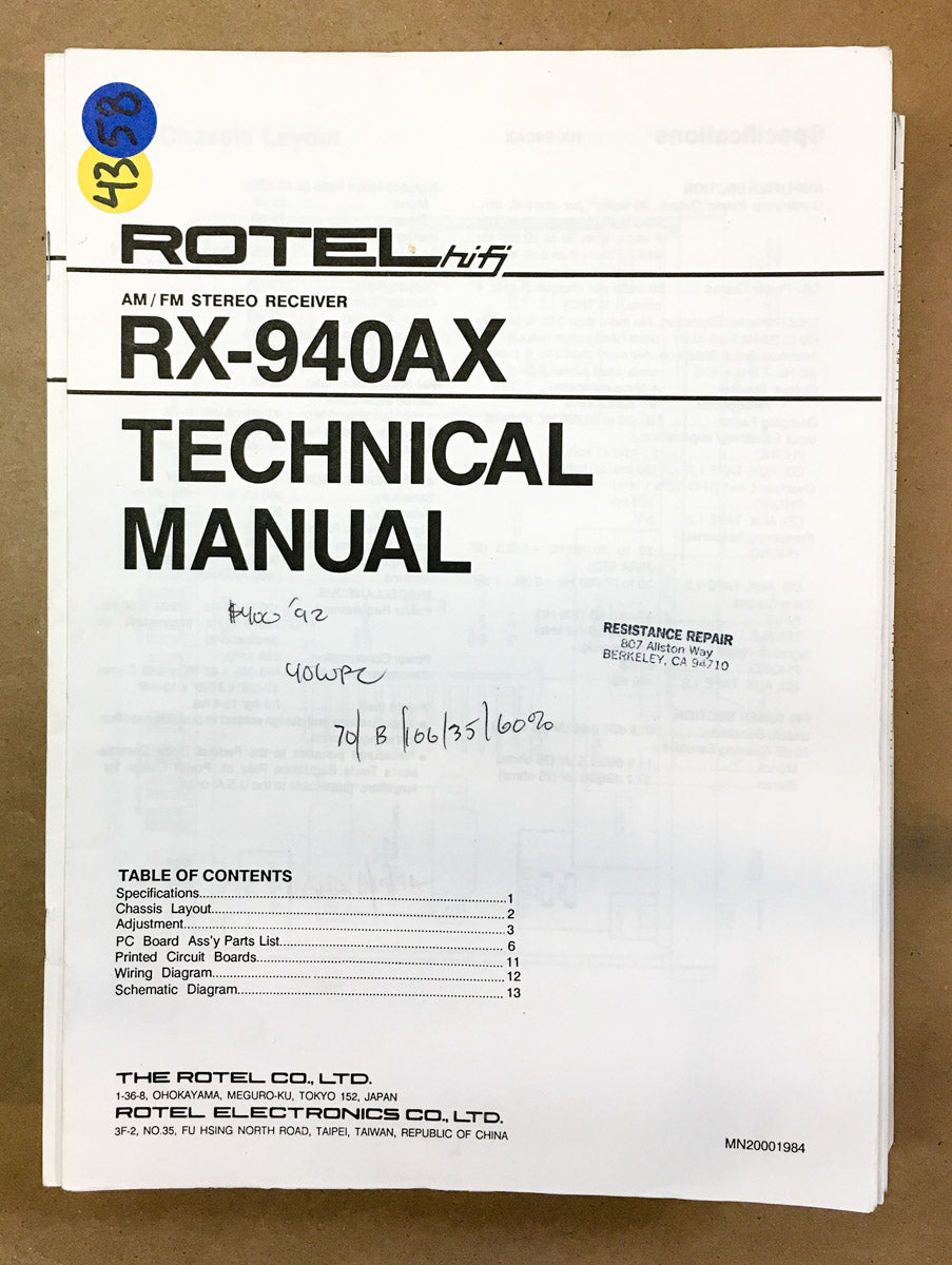 Rotel RX-940 AX RX-940AX Receiver  Service Manual *Original*