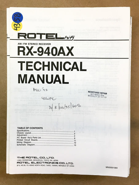 Rotel RX-940 AX RX-940AX Receiver  Service Manual *Original*