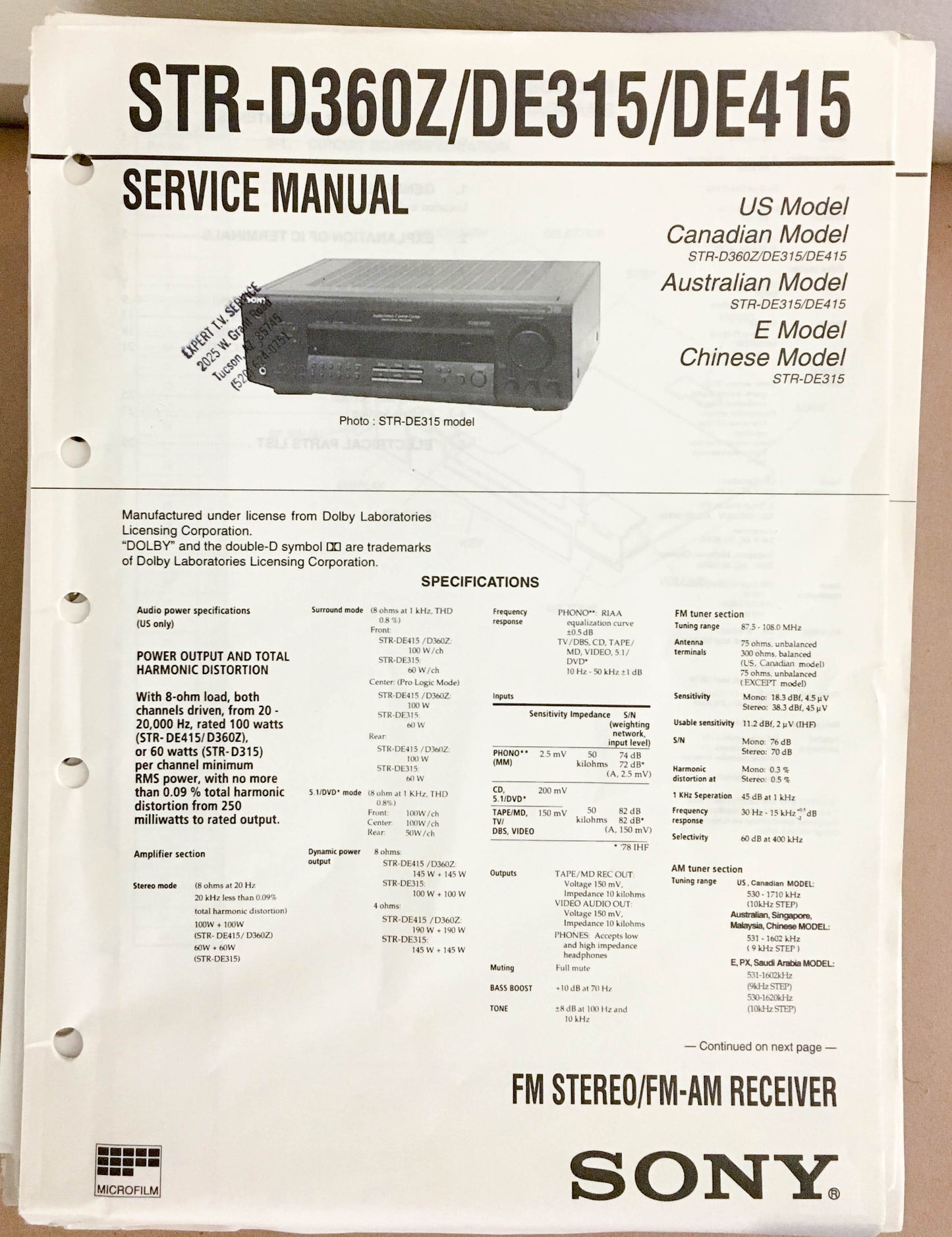 Sony STR-D360Z DE315 DE415 Receiver  Service Manual *Original*