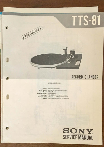 Sony TTS-81 Record Player / Turntable  Preliminary Service Manual *Original*