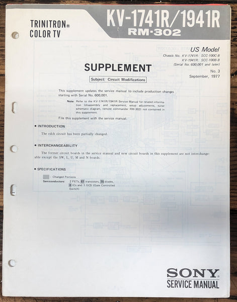 Sony KV-1741R KV-1941R TV Supp Service Manual *Original* #2