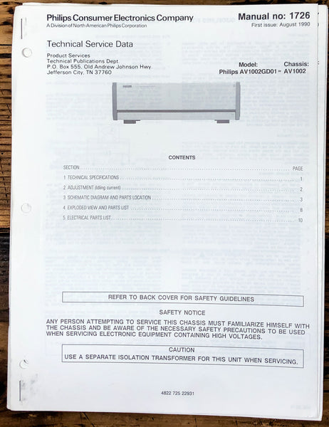 Philips / Marantz AV1002 AV-1002 Amplifier Service Manual *Original*