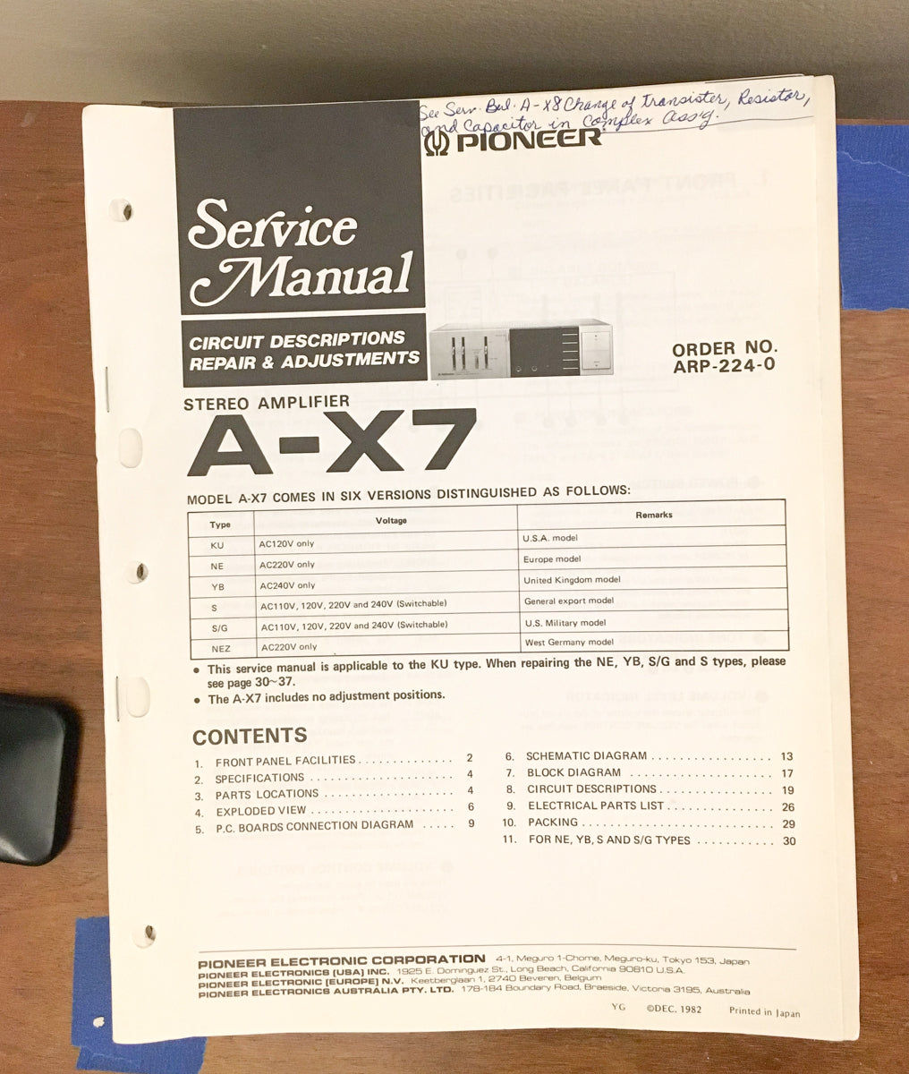 Pioneer A-X7 Amplifier Service Manual *Original*