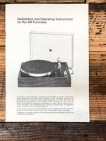 Acoustic Research AR Turntable  Installation & Owners *Orig*