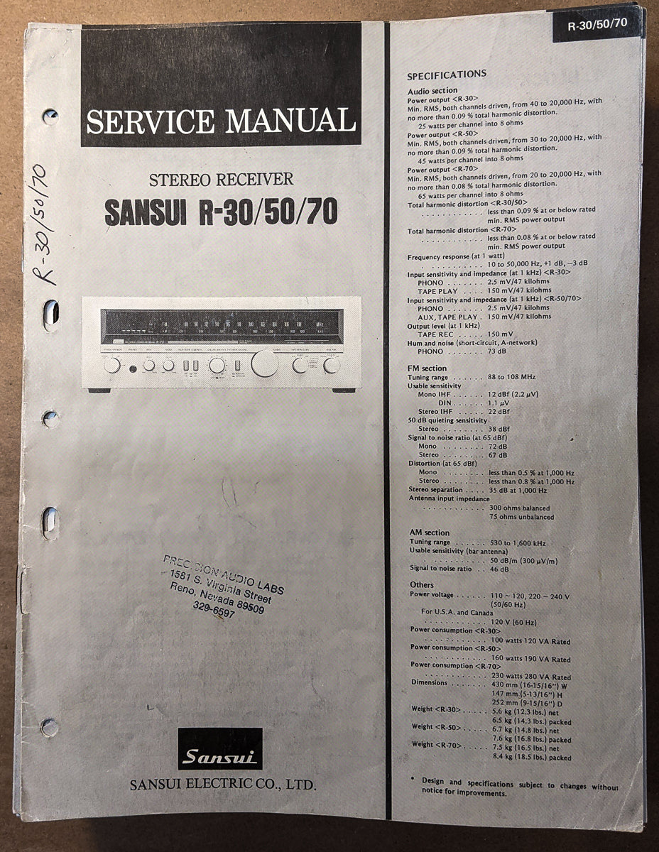 Sansui R-30 R-50 R-70 Receiver Service Manual *Original*