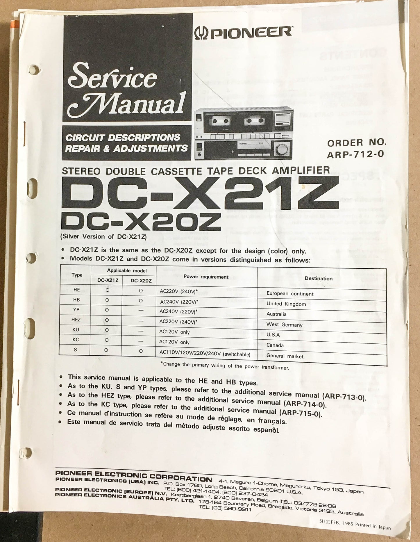 Pioneer DC-X21Z DC-X20Z Stereo Amplifier  Service Manual *Original*