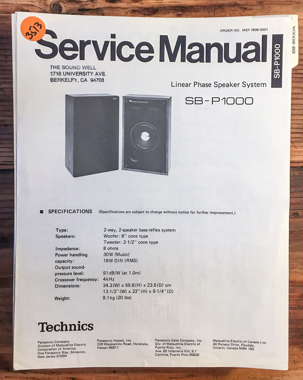 Technics SB-P1000 Speaker  Service Manual *Original*
