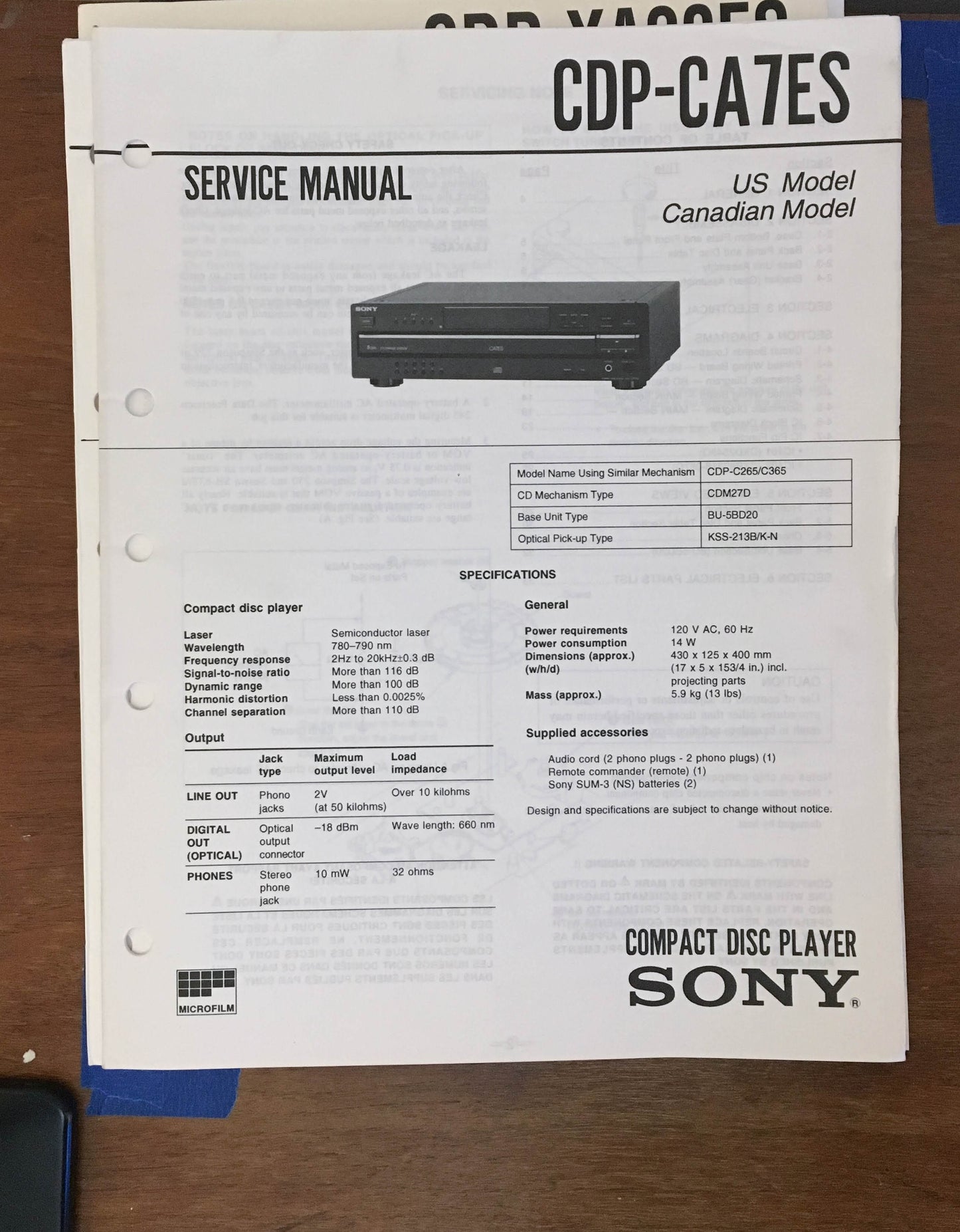 Sony CDP-CA7ES CD Player Service Manual *Original*