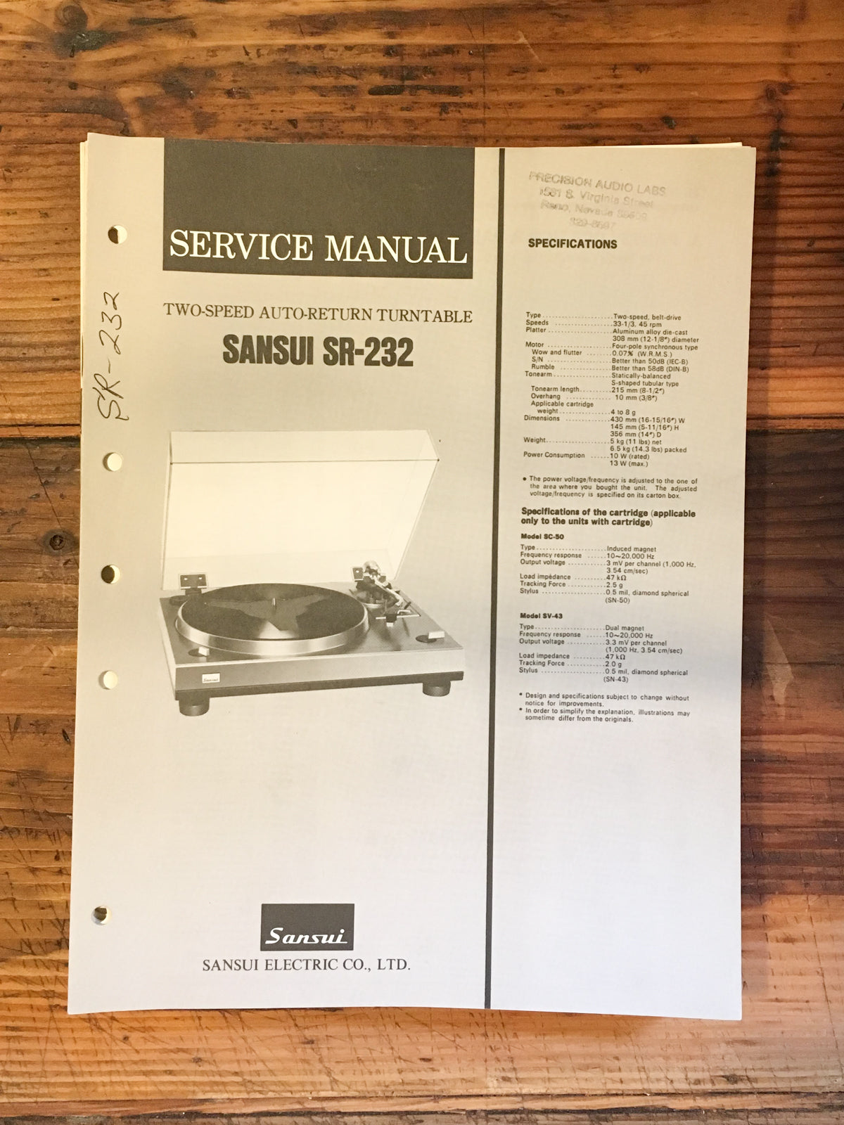 Sansui SR-232 Record Player / Turntable Service Manual *Original*