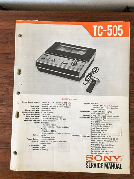 Sony TC-505 Tape Recorder Service Manual *Original*