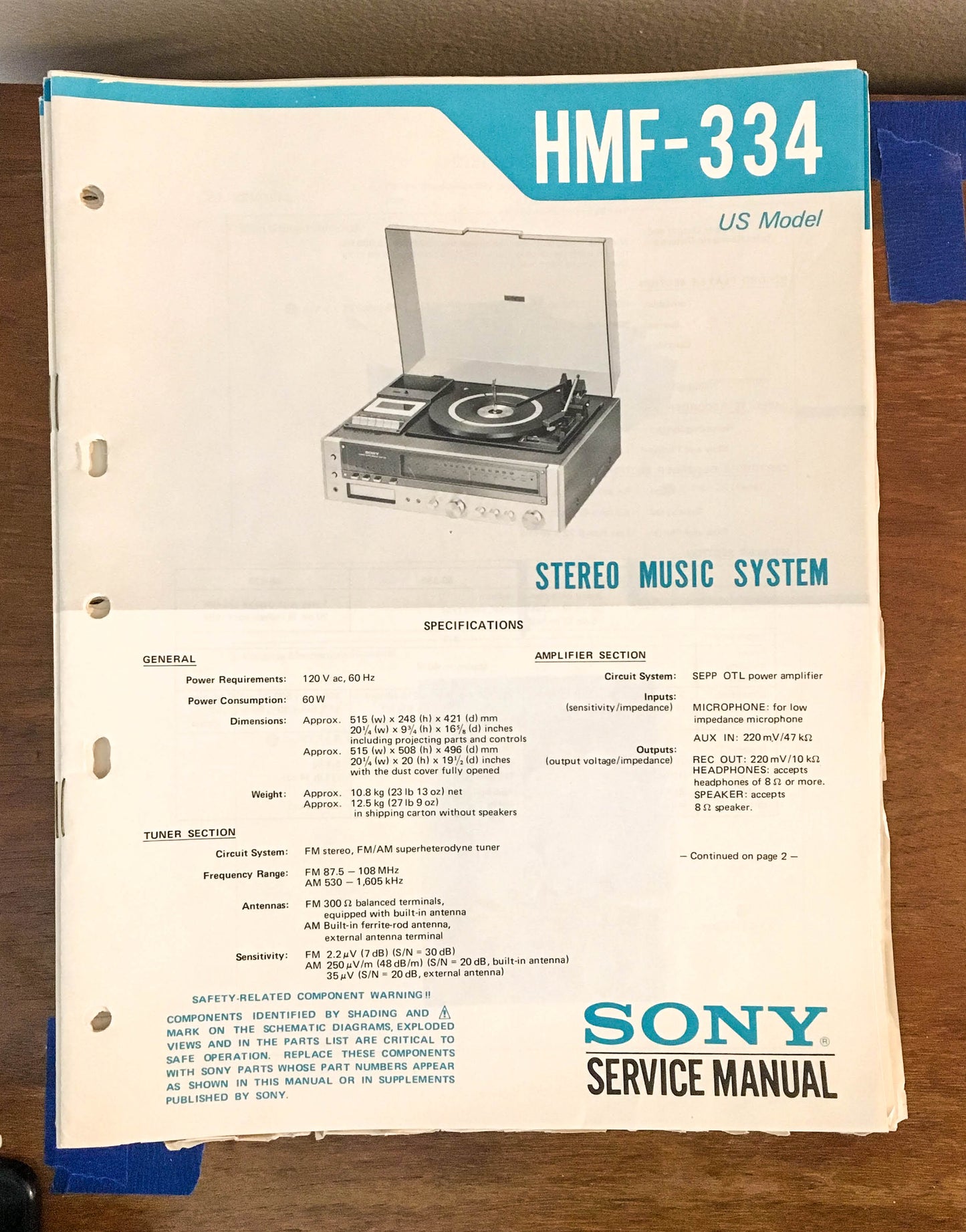 Sony HMF-334 Stereo Music System Service Manual *Original*