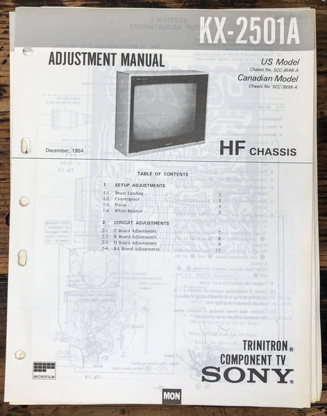 Sony KX-2501A TV / Television  Adjustment Manual *Original*