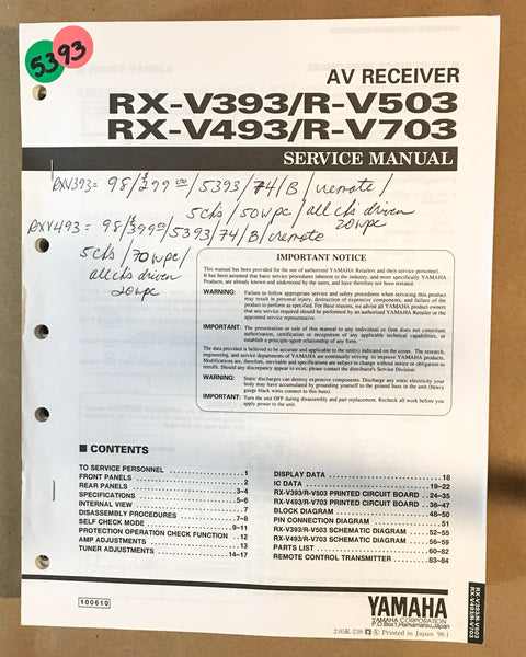 Yamaha RX-V393 RX-V493 R-V503 R-V703 Receiver  Service Manual *Original*