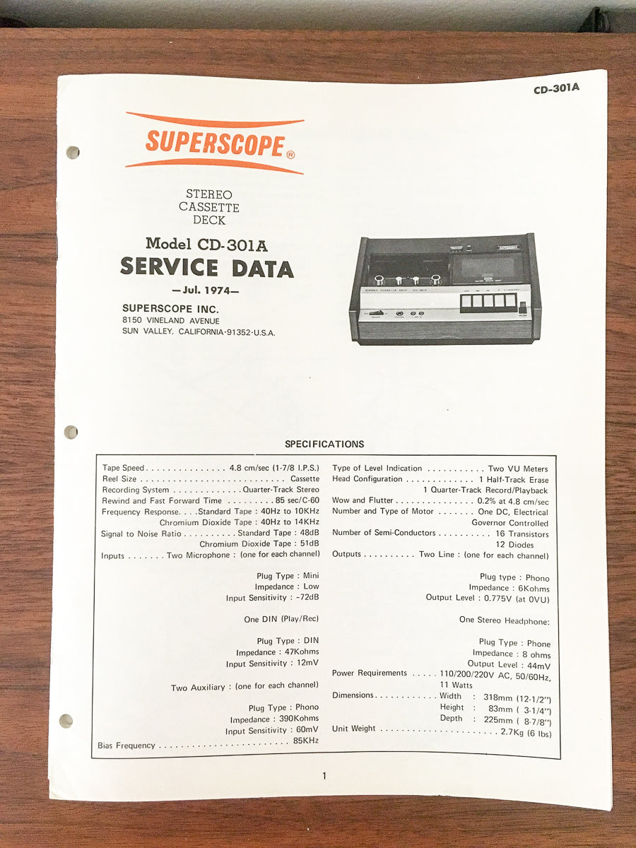 Superscope / Marantz CD-301A CD-301 A Cassette Player Service Manual *Original*