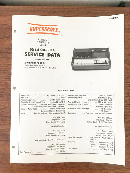 Superscope / Marantz CD-301A CD-301 A Cassette Player Service Manual *Original*
