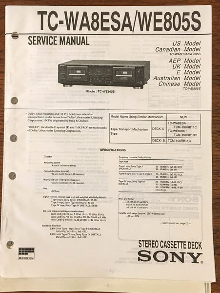 Sony TC-WA8ESA TC-WE805S Tape Cassette Service Manual *Original*