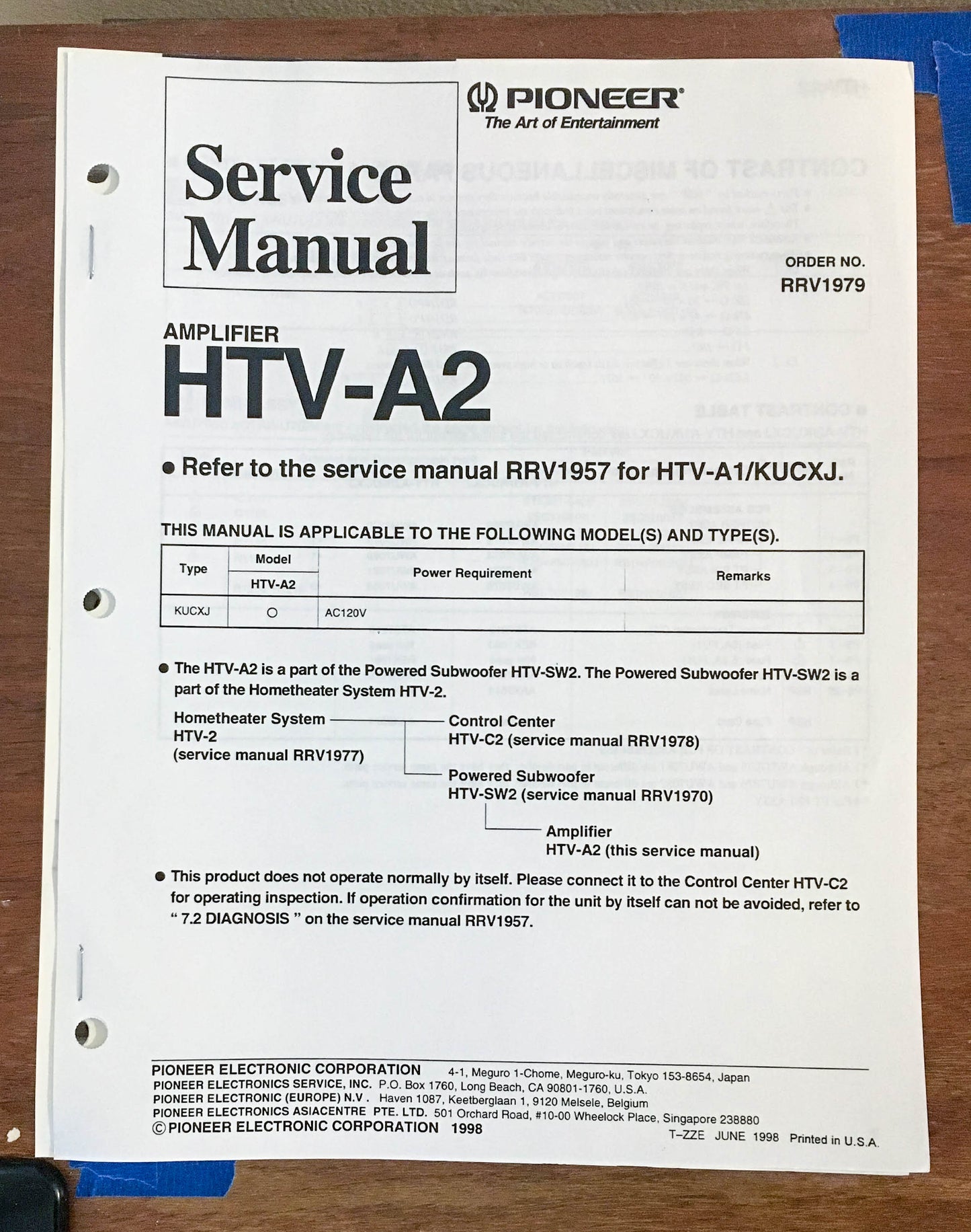 Pioneer HTV-A2 Amplifier Service Manual *Original*