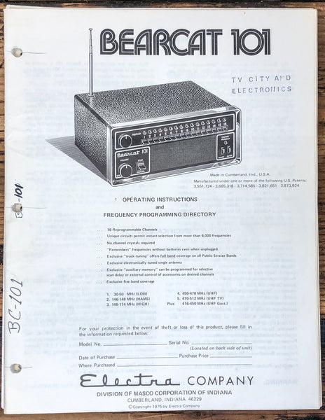 Electra Bearcat 101 BC-101 Radio / Scanner  Owner / User Manual *Original*