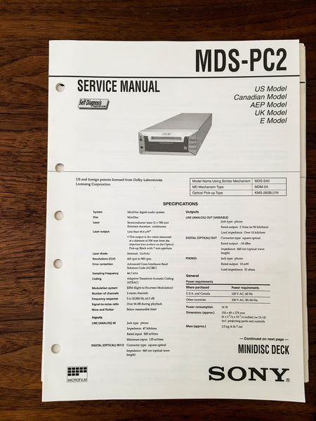 Sony MDS-PC2 MD Mini Disc Service Manual *Original*