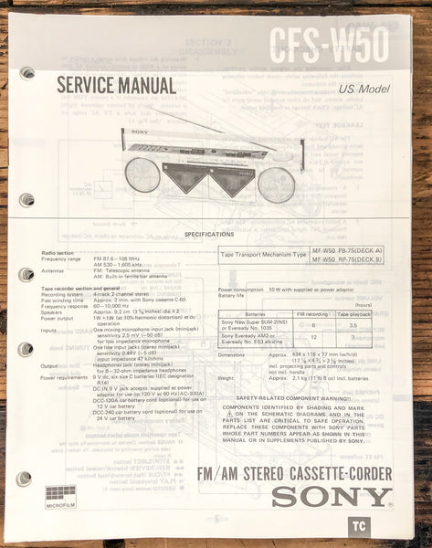 Sony CFS-W50 Radio / Boombox  Service Manual *Original*