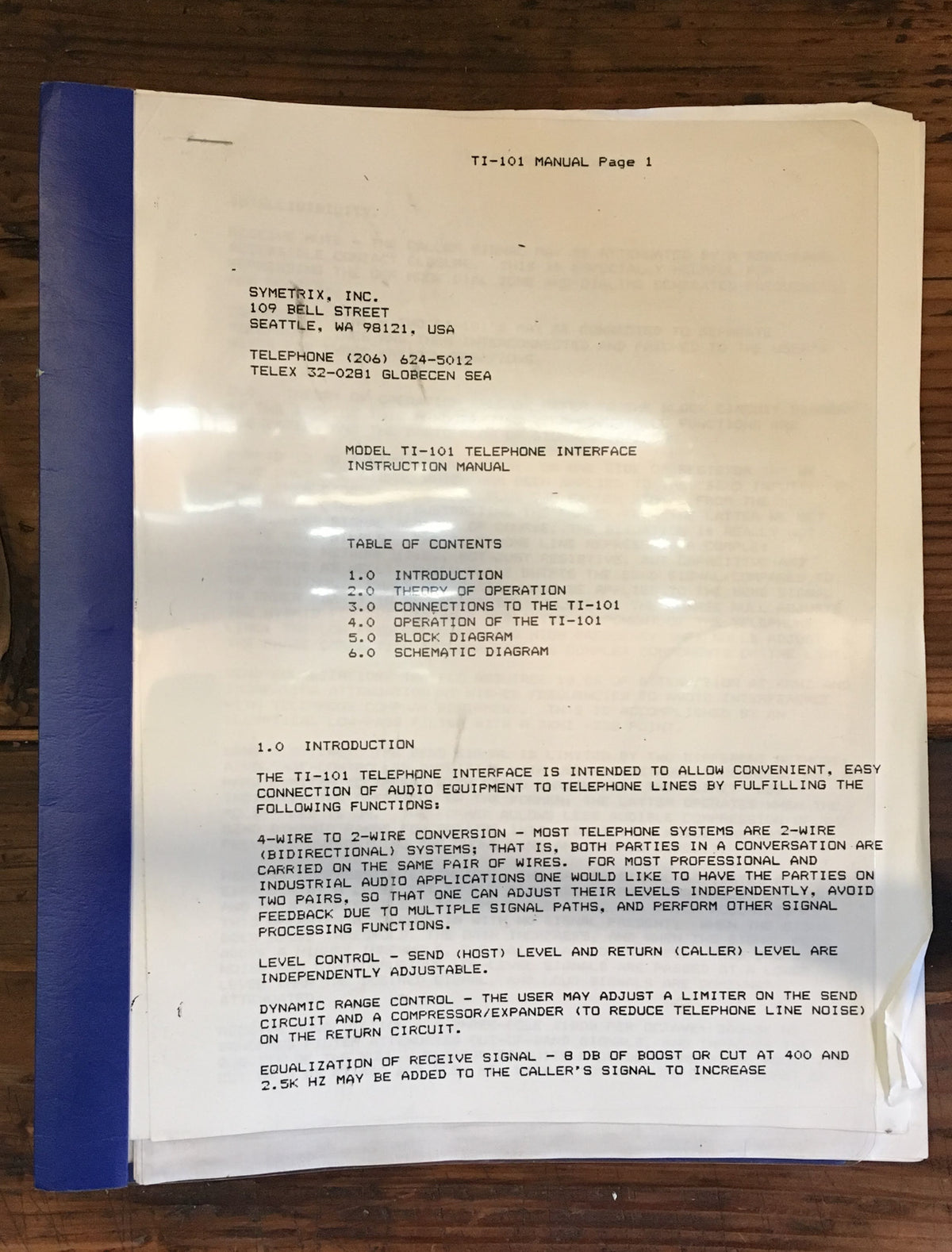 Symetrix TI-101 Telehone Interface User / Owner Manual *Original*