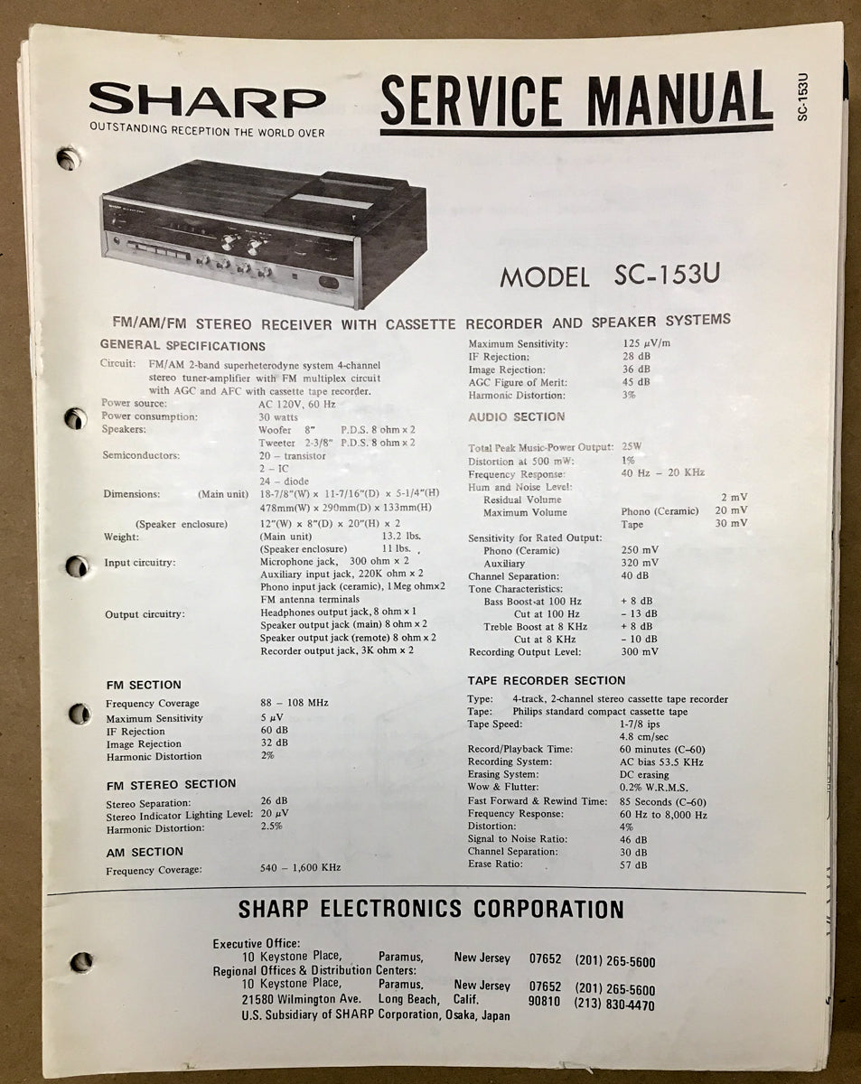 Sharp SC-153 U SC-153U Radio / Stereo Service Manual *Original ...
