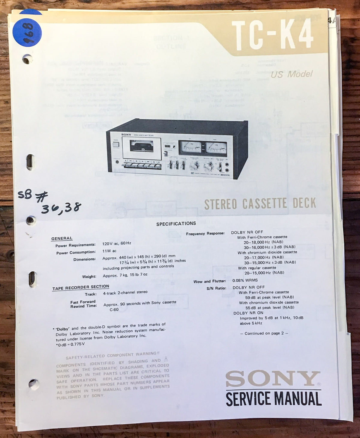 Sony TC-K4 Cassette Deck  Service Manual *Original*