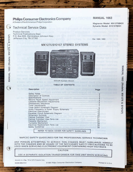 Magnavox / Philco / Sylvania MX1275 SY2157 Stereo  Service Manual *Original*