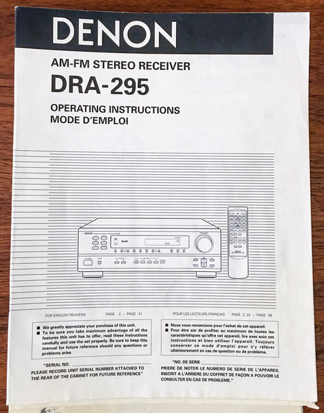 Denon DRA-295 Receiver Owners Operating Manual *Original*