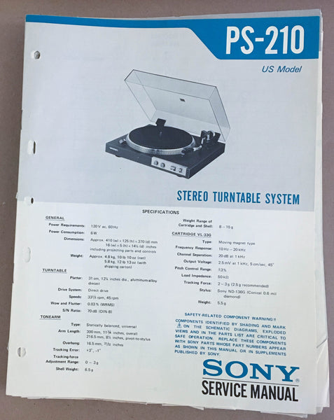 Sony PS-210 Turntable Record Player  Service Manual *Original*