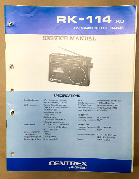 Pioneer / Centrex RK-114 Radio Cassette Service Manual *Original*