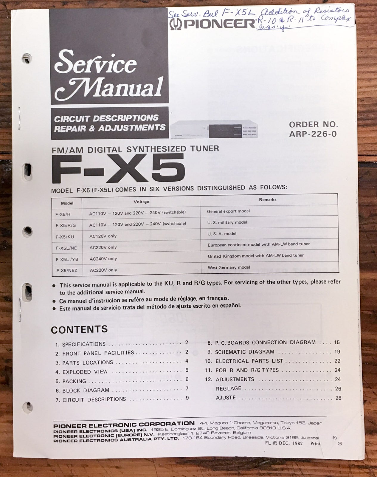 Pioneer F-X5 Tuner  Service Manual *Original*