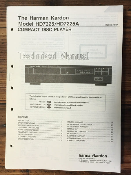 Harman Kardon HK HD7325 HD7225A CD Player Service Manual *Original*