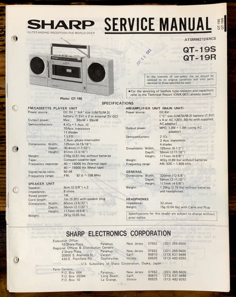 Sharp QT-19S QT-19R Radio Service Manual *Original*