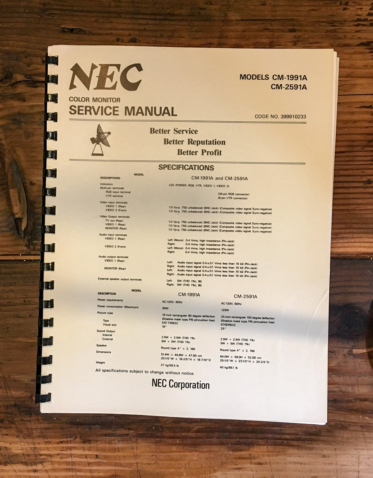 NEC Model CM-1991A CM-2591A Monitor Service Manual *Original*