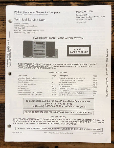 Magnavox FW30MX3701 Stereo  Service Manual *Original* #1