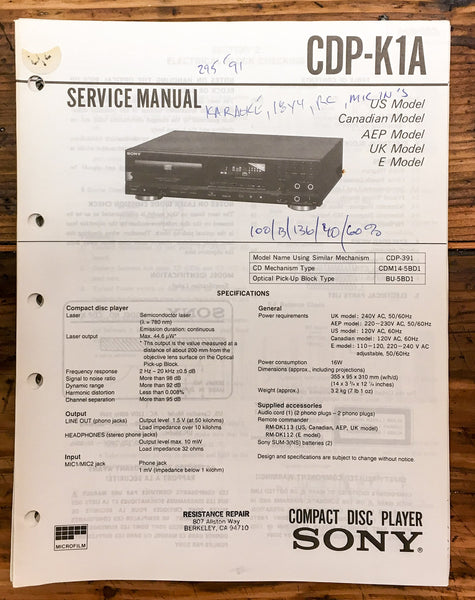Sony CDP-K1A CD Player  Service Manual *Original*
