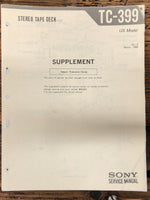 Sony TC-399 Reel to Reel Supp. Service Manual *Original*