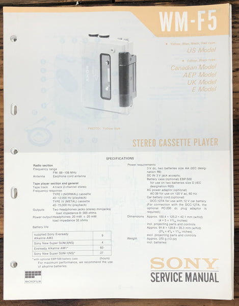 Sony WM-F5 Cassette Player  Service Manual *Original*