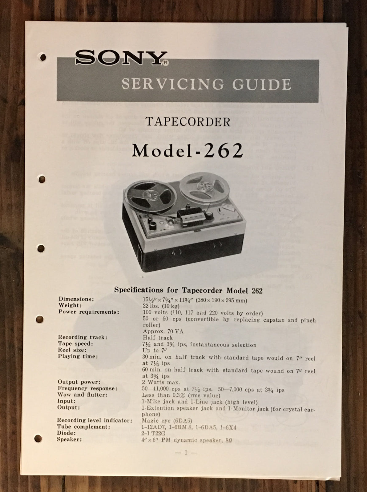 Sony Model 262 Tape Recorder Service Manual *Original*
