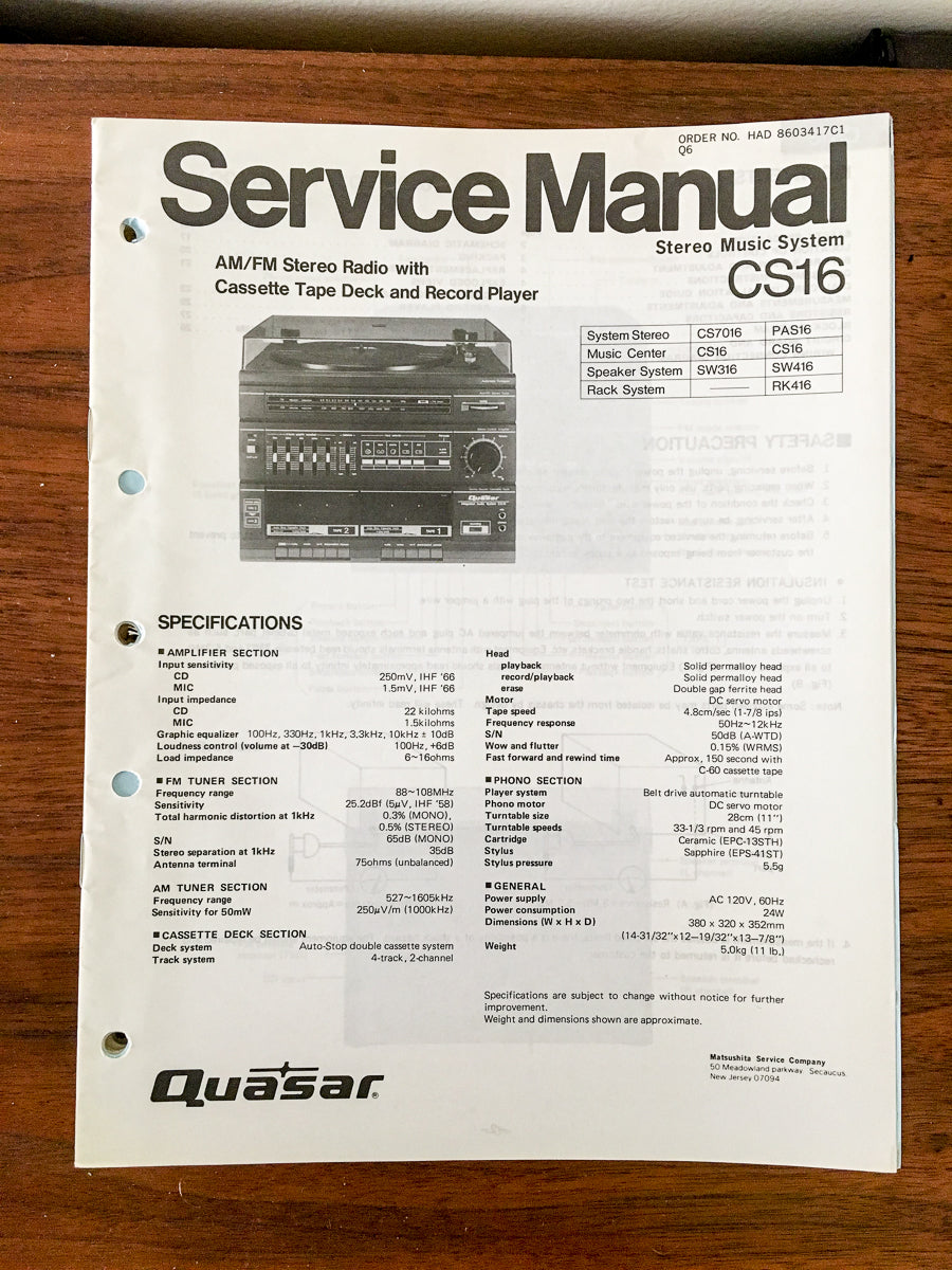Quasar / Technics CS16 CS-16 Stereo Service Manual *Original*